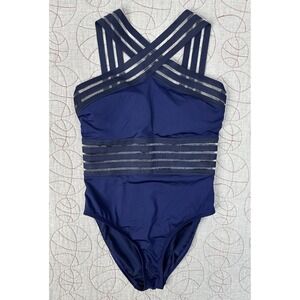 Kenneth Cole Stompin' My Stilettos High Neck One Piece Swimsuit Blue Size Small